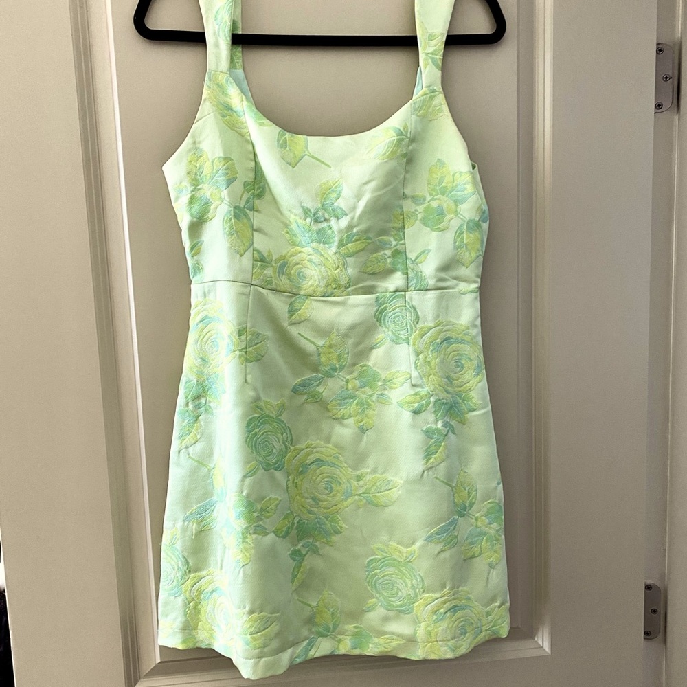 Brighter Side Light Green Floral Satin Jacquard Mini Dress